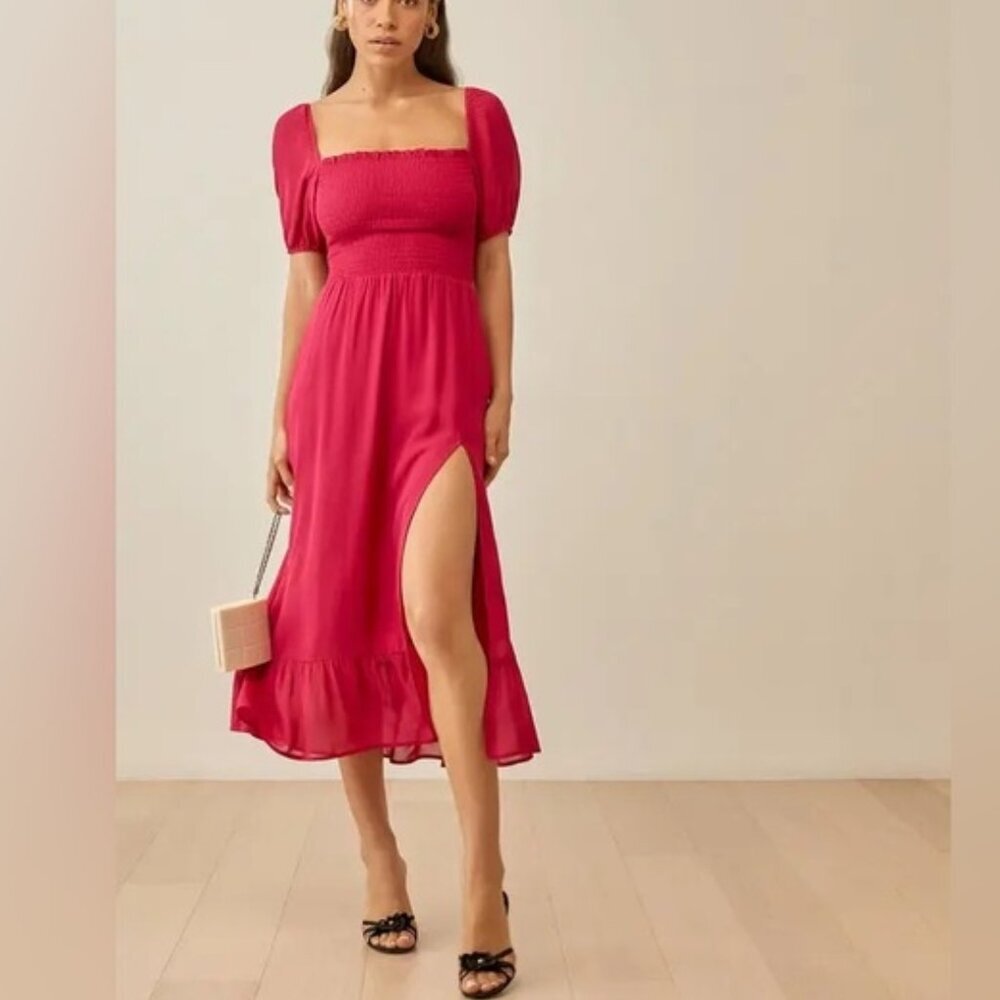 NEW Reformation Meadow Puff Sleeve Smocked Midi Dress Rhubarb Pink Red | size S - Picture 2 of 13